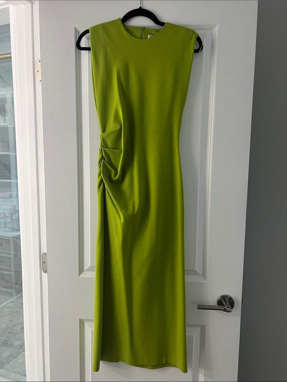 Zara Sleeveless Lime Green Ruched-Detail Maxi Dress